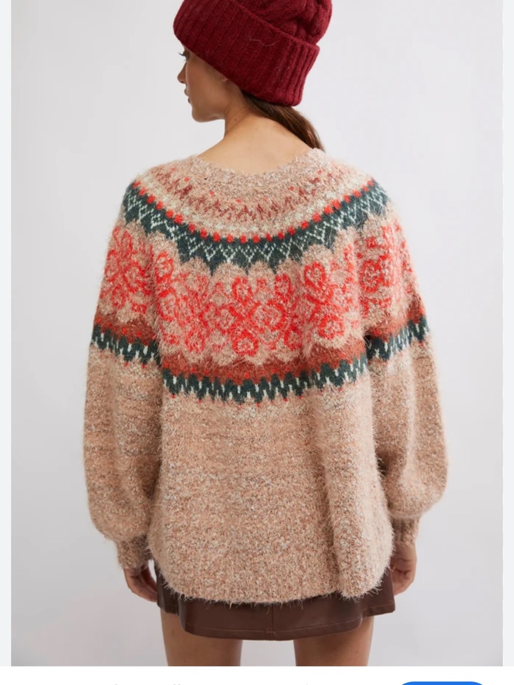 Free People Fair Isle Knit Sweater - Beige with Coral & Forest Accents